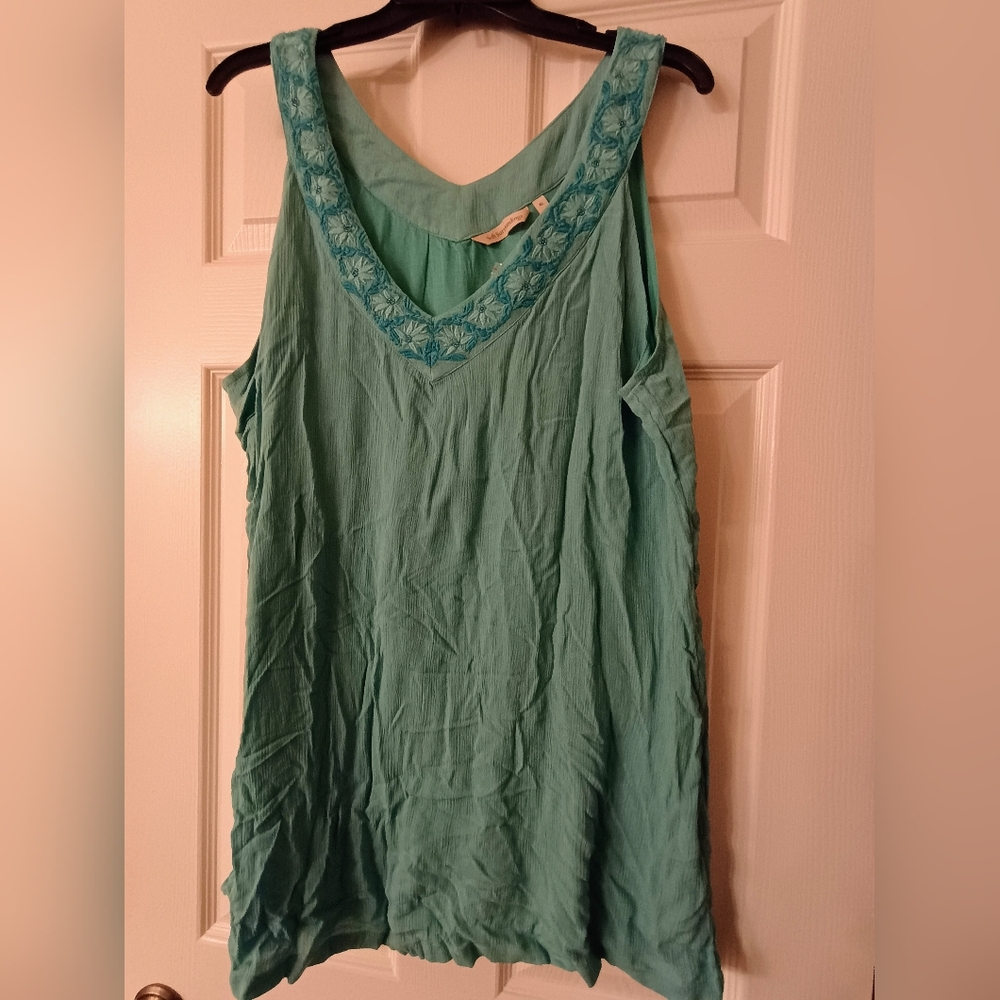Teal Sleeveless Soft Surroundings Palo Gauze Top with Embroidered Neckline